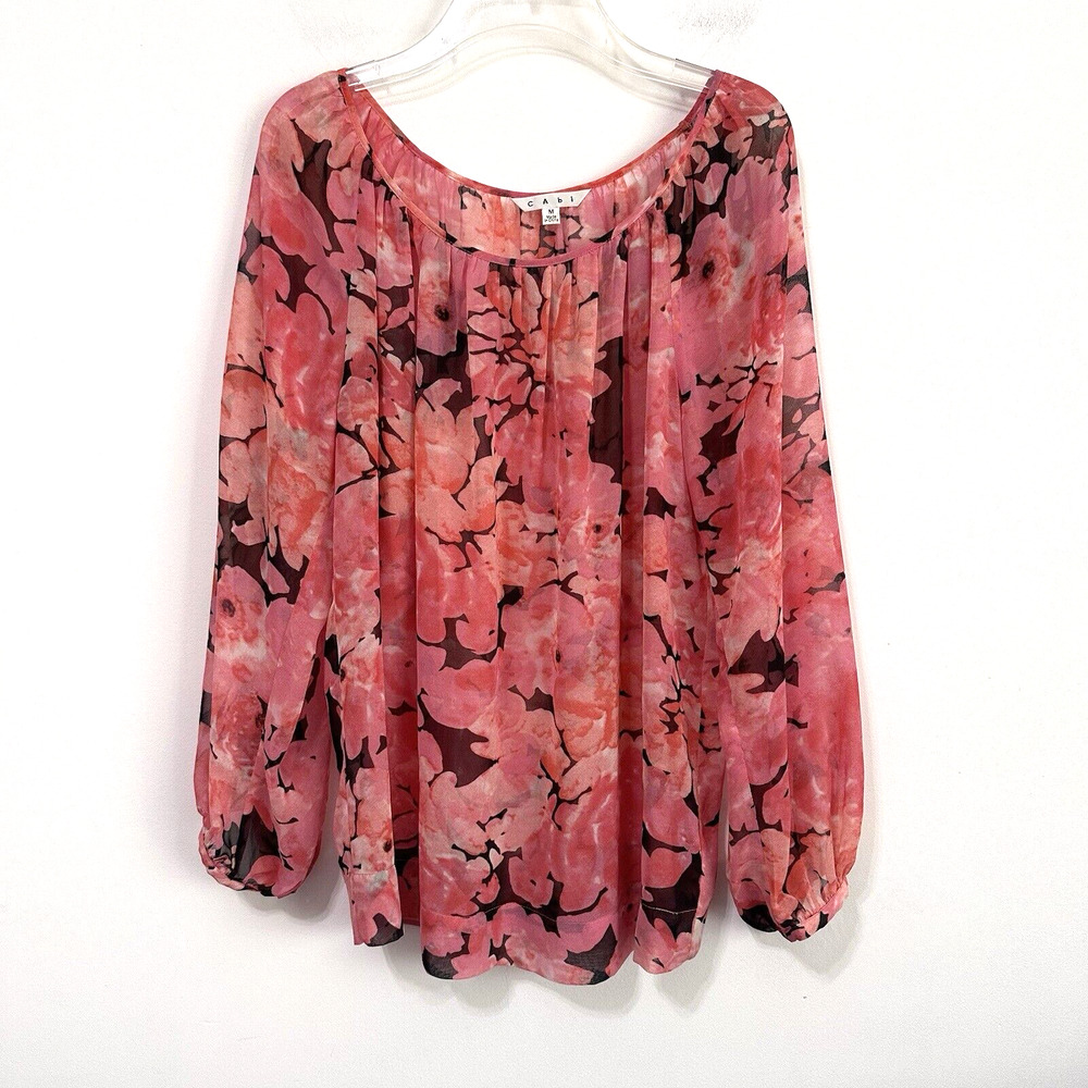 CAbi Top Pink Floral M Sheer Chiffon Long Sleeve Popover Summer Party Style #590